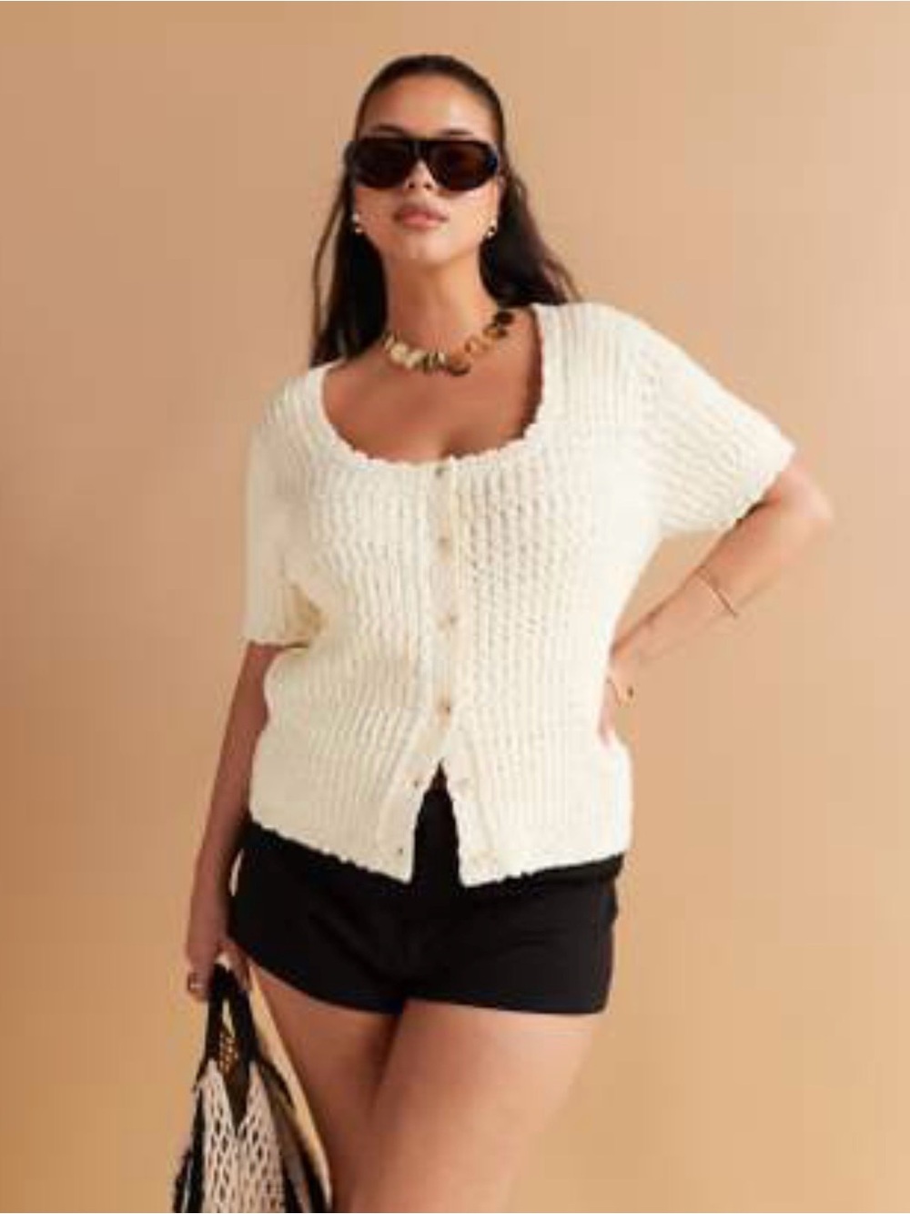 ASOS Curve Cream Short-Sleeve Button-Front Knit Sweater